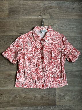 Vintage NTouch Abstract Geometric Print Shirt Jacket Coral Red White Size 8